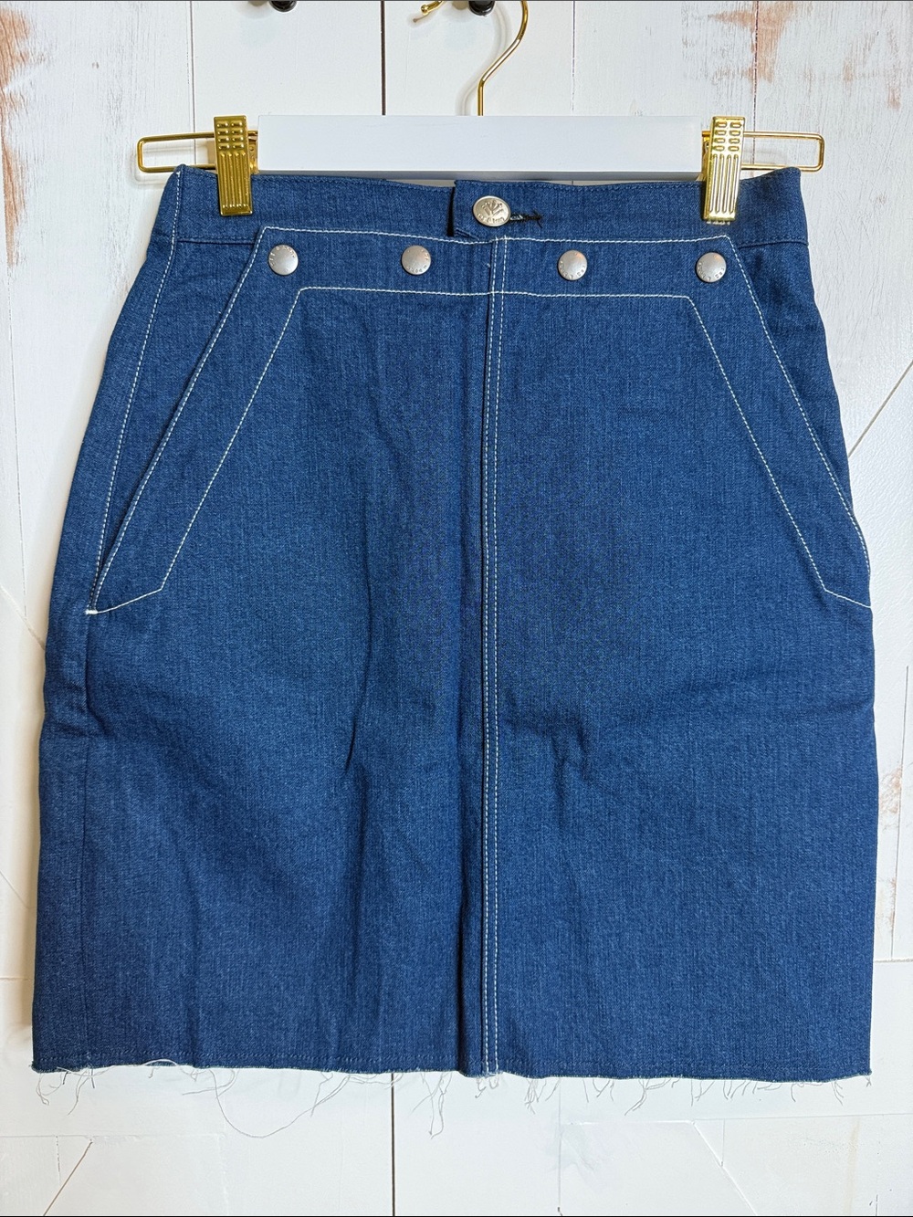 rag & bone Indigo Denim Mini Skirt with Contrast Stitching and Snap Front